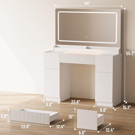 Modern Glass Top Vanity with Mirror, Lights & Storage