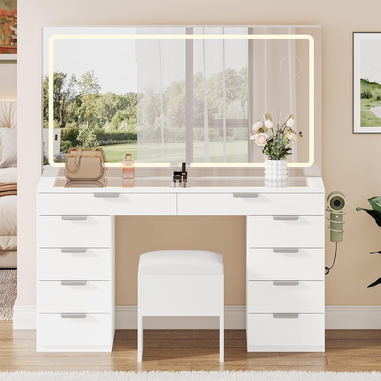 Elegant Vanity Table Set with Soft Adjustable LED Mirror