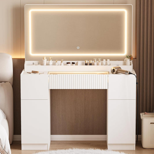 Modern Glass Top Vanity with Mirror, Lights & Storage