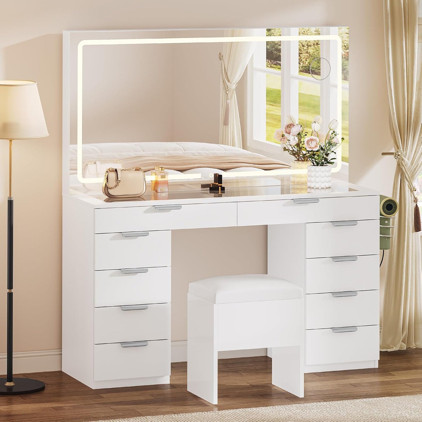 Elegant Vanity Table Set with Soft Adjustable LED Mirror